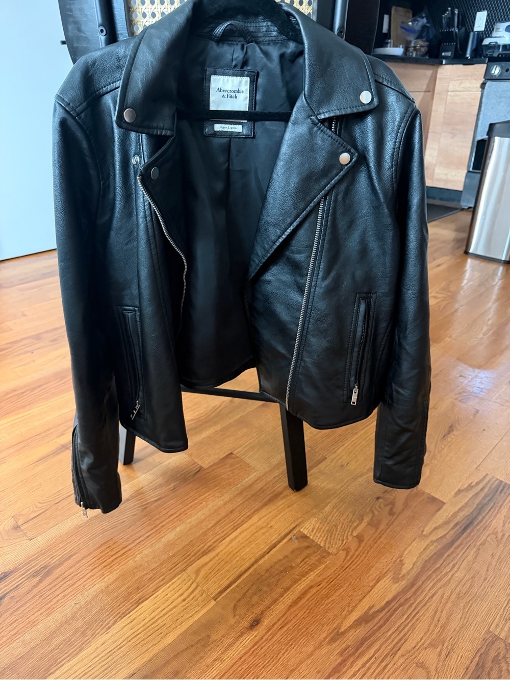 Abercrombie & Fitch Black Vegan Leather Moto Jacket with Zip Details